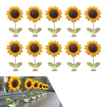 10 PCS Sunflower Car Dashboard Decorations, Cute Bobble Head Sunflowers, Funny Paste Shaking Sunflower Ornaments for Rearview Mirror, Universal for Car Interior Home Office Desk (Yellow)