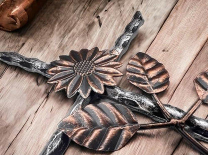Top Brass 12” Metal Wall Mount Cross – Sunflower/Daisy Floral Garden Design – Holy Celtic Crucifix Silver & Copper Finish, Modern Rustic Jesus Art Sculpture