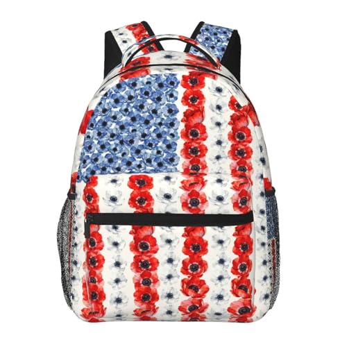 Giwawa Patriotic Floral Backpack for Girls Ages 4-12 American Flag Boys Backpacks for Elementary 1st 2nd 3rd 4th 5th Grade Kids School Book Bags Red White Blue Poppy - color: Patriotic Floral