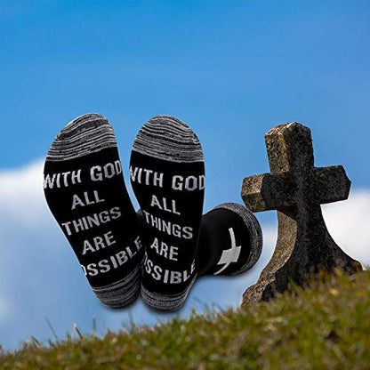 JXGZSO Motivational Christian Socks Cross Inspirational Gift With God All Things Are Possible Religious Gift