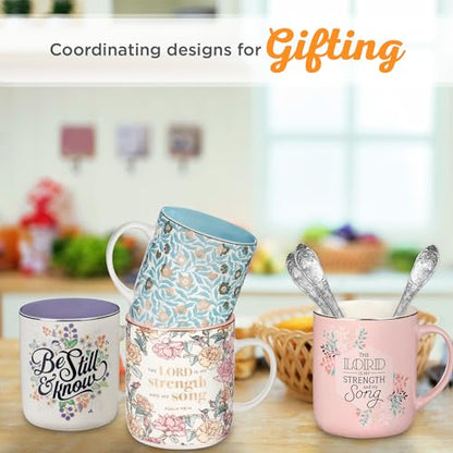 Christian Art Gifts Pink Floral Ceramic Coffee Mug – 14 oz. Lead and Cadmium-free Non-toxic Inspirational Scripture Coffee and Tea Mug for Women with Bible Verse: My Strength and My Song –Psalm 118:14