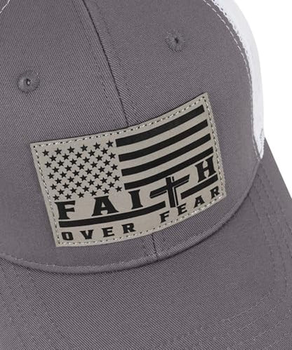 Faith Over Fear Christian Hats for Men Women, American Flag Trucker Hat, Religious Gifts for Thanksgiving Christmas - color: Grey