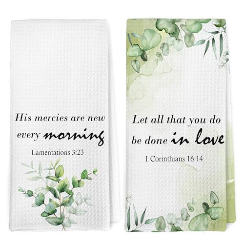 Dibor Vintage Christian Kitchen Towels Dishcloth Set of 2, Religious Decor Dish Towels, Sage Green Eucalyptus Bible Verse Decorative Hand Tea Towel for Bathroom Kitchen, 16x24 Inch - color: Morning
