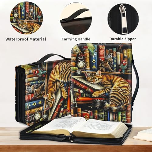 Bible Cover for Women Large PU Leather Zippered Bible Case with Handle and Bookshelf Cat Design, Christian Bible Cover for Girls & Women, Cover Fits Standard 9.5"x7.5"x2.3" Bible - color: Bookshelf Cat