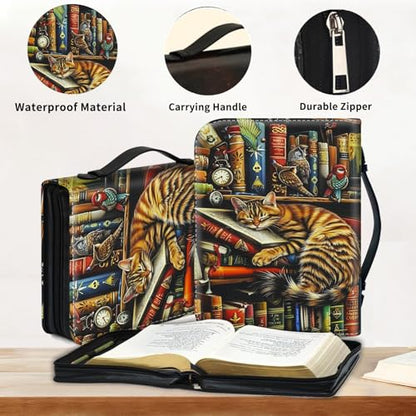 Bible Cover for Women Large PU Leather Zippered Bible Case with Handle and Bookshelf Cat Design, Christian Bible Cover for Girls & Women, Cover Fits Standard 9.5"x7.5"x2.3" Bible - color: Bookshelf Cat