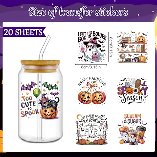 Rngmsi UV DTF Cup Wrap - 20 Sheets Spooky Fall Halloween UV DTF Wraps for 16 oz Glass, Bat Web Pumpkin UVDTF Stickers, Rub on Transfer Decals for Drinking Cups DIY Crafts for Water Bottles - style: Spooky Fall Halloween