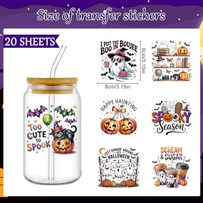 Rngmsi UV DTF Cup Wrap - 20 Sheets Spooky Fall Halloween UV DTF Wraps for 16 oz Glass, Bat Web Pumpkin UVDTF Stickers, Rub on Transfer Decals for Drinking Cups DIY Crafts for Water Bottles - style: Spooky Fall Halloween