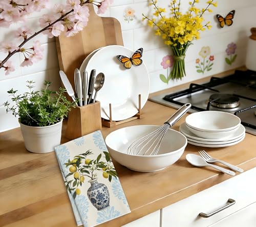 Lemon Kitchen Towels, Blue White Chinoiserie Porcelain Dish Towels, 12 - color: Yellow Lemon