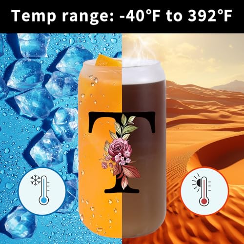 Monogrammed Glass Drinking Cup With Lid Straw Women Men Gift Christian Choir Teacher Godmother Godfather Religious Spiritual Inspirational Catholic Baptism Ordination Pastor Wife Ordained Minister,T - style: Letter T