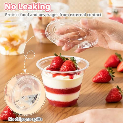 Cayxenful 50 Packs 9oz Disposable Dessert Cups with Lids No Hole, Clear Plastic Cups with Lids for Ice Cream, Cake, Snacks, Fruit, Cold Drinks, Smoothie, Pudding, Salad