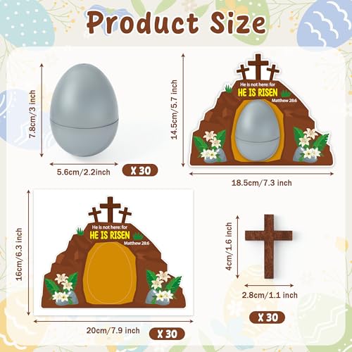 BeYumi Easter Eggs Craft Kit - 90Pcs Easter Silver Plastic Egg with HE IS RISEN Empty Tomb Cards Wooden Cross Christian Jesus Resurrection Kit Sunday School Church Party Basket Stuffers Gift for Kids