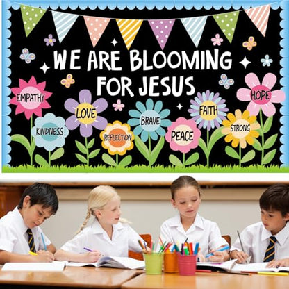Religious Christian Bulletin Board Sets Sunday School Decoration for Classroom Church Positive Floral Bulletin Board We are Blooming for Jesus Paper Cutout for Back to School Christian Summer Decor