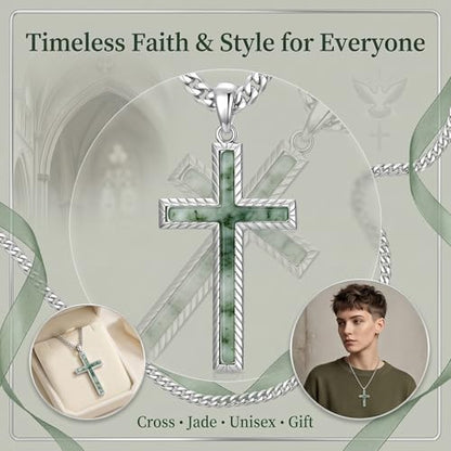 MRENITE Silver Natural Stone Cross Necklace, Classic Latin Cross Pendant Necklace for Unisex Women Man, Vintage Crystal Quartz Cross Necklace with 20+2 Inches Adjustable Cuban Chain - style: Moss Agate