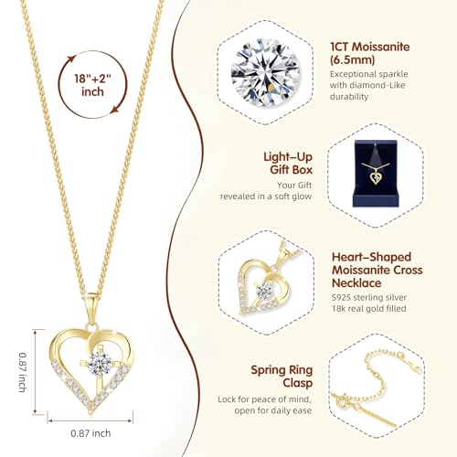 Moissanite Cross Necklace for Women in Light-Up Gift Box Heart Cross Jewelry 1CT Pendant for Women Gift Ideas for Wife Valentines Day Anniversary Birthday (S925 Sterling Silver/18K Real Gold Filled) - style: Gold without Card