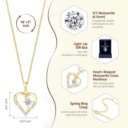 Moissanite Cross Necklace for Women in Light-Up Gift Box Heart Cross Jewelry 1CT Pendant for Women Gift Ideas for Wife Valentines Day Anniversary Birthday (S925 Sterling Silver/18K Real Gold Filled) - style: Gold without Card