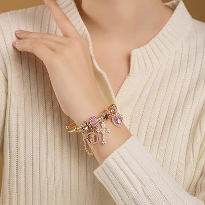 A&K Collections Mothers Day 18K Gold Beads Easter Basket Stuffers Bangle with Rhinestones Pandora Style Trendy Cross Heart Charm Luxury Adjustable Bracelet for Women Teen Girl Gifts Trendy Stuff Religious Jewelry - color: 18K GOLD/Pink Charms