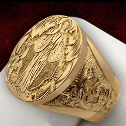 LIOYSIUT Mens Womens Silver Ring 18K Gold Plated Engraved Signet Ring Virgin Mary Bible Verse Prayer Rings Christian High Polished Stackable Plate Knuckle of Religious Gifts Jewelry Size 10 - size: Size 10