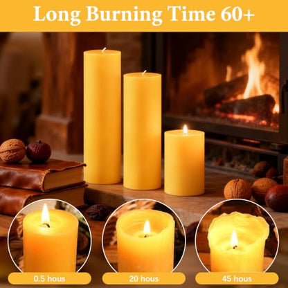 Beeswax Pillar Candles Set of 3, 2 x 3/6/8 Inch, Light Natural Honey Aroma, Smokeless Long Burning for Home Decor, Wedding, Church, Meditation & Emergency Use