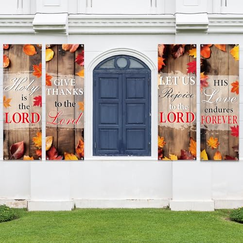 4Pcs Church Banners for Sanctuary Wall Welcome Inspirational Religious Banners Hanging Backdrop Fall Wood Board Maple Leaves Church Scripture Bible Verses Banner for Thanksgiving Holiday School Decor - style: Gray Fall Wood