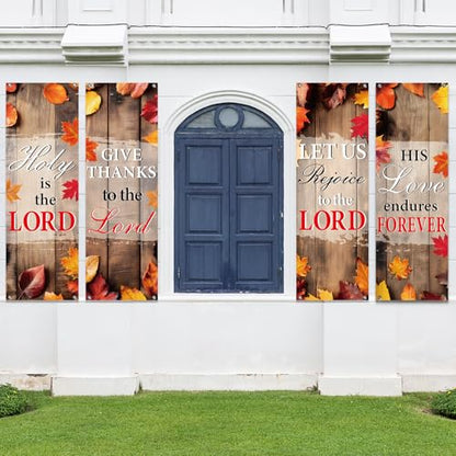 4Pcs Church Banners for Sanctuary Wall Welcome Inspirational Religious Banners Hanging Backdrop Fall Wood Board Maple Leaves Church Scripture Bible Verses Banner for Thanksgiving Holiday School Decor - style: Gray Fall Wood