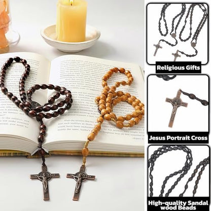 2 Pack Wooden Rosary Beads, Handmade Prayer Beads for Women and Men with Jerusalem Holy Soil Medal & Metal Cross, Unisex Catholic Rosary Jewelry Gift (Black + Brown)