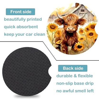 2 Pack Highland Cow Car Cup Holder Coasters,Universal Neoprene Coasters - color: Highland Cow