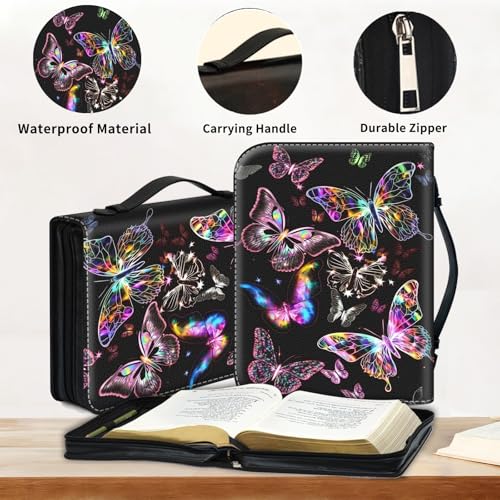 Bible Cover for Women Large PU Leather Zippered Bible Case with Handle and Glowing Purple Butterfly Design, Christian Bible Cover for Girls & Women, Cover Fits Standard 9.5"x7.5"x2.3" Bible - color: Glowing Purple Butterfly