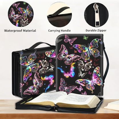 Bible Cover for Women Large PU Leather Zippered Bible Case with Handle and Glowing Purple Butterfly Design, Christian Bible Cover for Girls & Women, Cover Fits Standard 9.5"x7.5"x2.3" Bible - color: Glowing Purple Butterfly