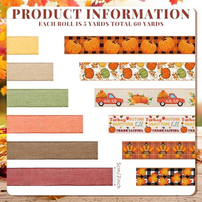 12 Rolls 60 Yard Fall Wired Ribbon for Wreath Craft Bow - style: Maple Leaves