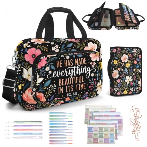 Bible Cover for Women, Large Bible Bag Carrying Case with Shoulder Strap Bible Study Supplies Journaling Kit Book Carrying Case with Pens Highlighters Cross Clips Tabs Christian Gift,Floral - color: Black Floral 2