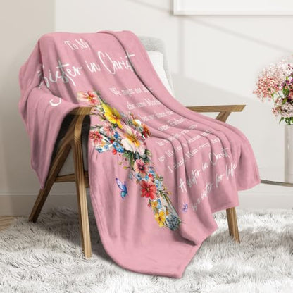 Christian Gifts for Women, Sister in Christ Floral Cross Blanket - color: Dusty Pink