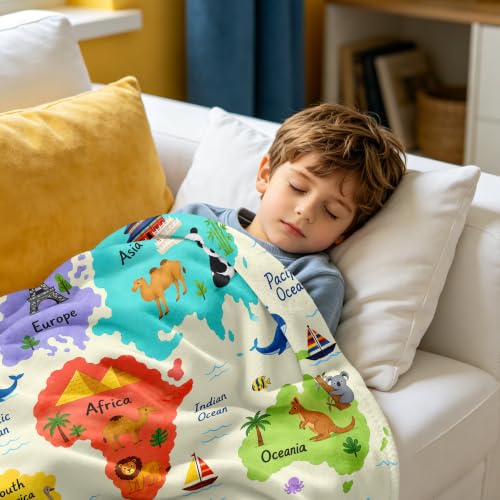 Mosslink World Map Blanket 40"x50", Boys Girls Animal Educational Throw - color: Yellow-world Map