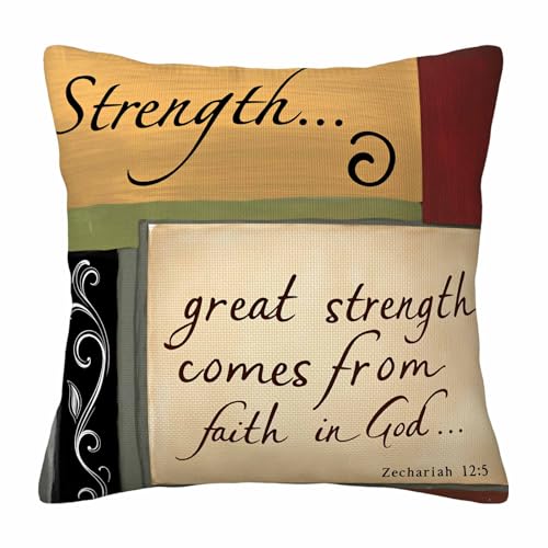 Vintage Inspirational Scripture Throw Pillow Cover,Strength Zechariah 12:5 Bible Verse Decorative Pillow Case,Faith in God Cotton Linen Cushion Case for Home Decor 18 * 18 Inch - color: Settype14