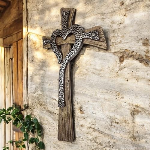 Rustic Resin Heart Cross Wall Decor – 12 1/2” Faux Wood and Hammered Metal Look Religious Wall Cross – Christian Home Decor Symbolizing Love and Faith – Farmhouse Style Wall Hanging Jesus Art Sculpture