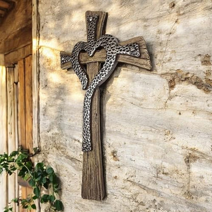 Rustic Resin Heart Cross Wall Decor – 12 1/2” Faux Wood and Hammered Metal Look Religious Wall Cross – Christian Home Decor Symbolizing Love and Faith – Farmhouse Style Wall Hanging Jesus Art Sculpture