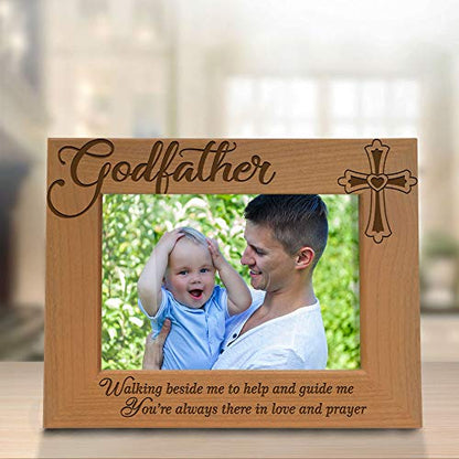 KATE POSH - Godfather Engraved Natural Wood Picture Frame, Cross Decor, Baptism & Thank You Gift (4" x 6" Horizontal) - size: 4x6 Horizontal (Godfather)
