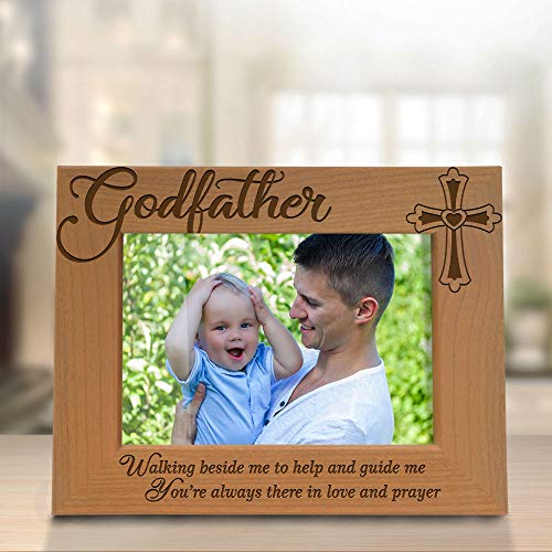 KATE POSH Godfather Engraved Natural Wood Frame, Cross Decor, Godchild Gift - Baptism & Catholic Gifts (5" x 7" Horizontal) - size: 5x7 Horizontal (Godfather)