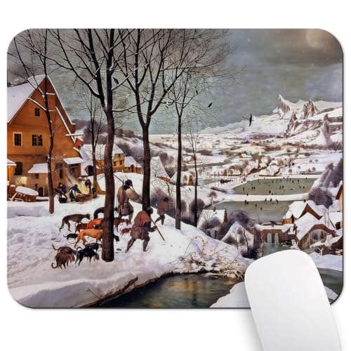 9.5"x 7.9" Mouse Pad (Hunters in the Snow), Non-Slip Mat for Desk, Smooth Surface for Gaming & Office Work, Winter Serenity Print by Pieter Bruegel,‌ Skaters and a Snow-Covered Village‌ - color: Custom Designs Art 024