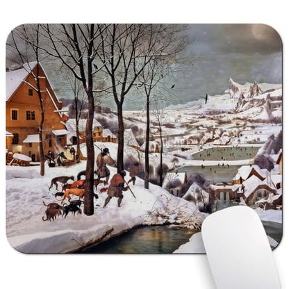 9.5"x 7.9" Mouse Pad (Hunters in the Snow), Non-Slip Mat for Desk, Smooth Surface for Gaming & Office Work, Winter Serenity Print by Pieter Bruegel,‌ Skaters and a Snow-Covered Village‌ - color: Custom Designs Art 024