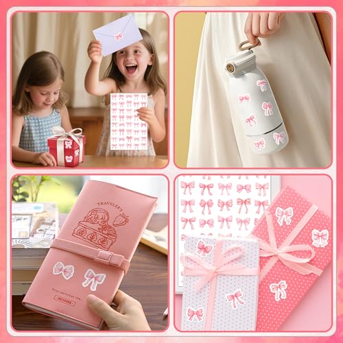 LINAYE 24 Sheets Pink Bow Stickers, 960 PCS Coquette Bow Decorative Stickers Bulk Cute Small for Crafts Envelops Scrapbooking Party Favors Supplies for Women Adults Girls - style: Pink Bow 24 Sheets