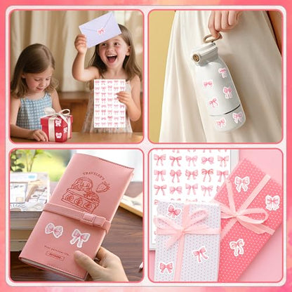 LINAYE 24 Sheets Pink Bow Stickers, 960 PCS Coquette Bow Decorative Stickers Bulk Cute Small for Crafts Envelops Scrapbooking Party Favors Supplies for Women Adults Girls - style: Pink Bow 24 Sheets