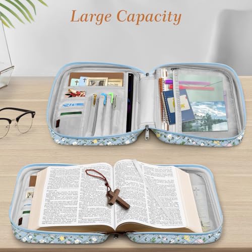 FINPAC Bible Cover, Carrying Book Case Bible Bag with Handle - color: Floral Dusty Blue