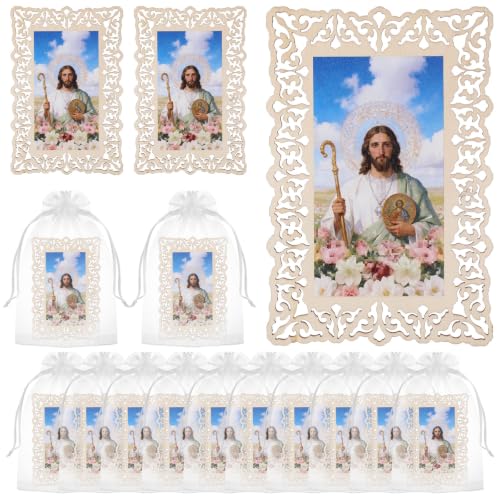 12 Sets Catholic Saint Joseph Picture Frames with Gift Bags, Baptism Favors for Guests, Openwork Carving Prayer Wooden Tablets, First Communion Favors Catholic Gifts Bulk, Recuerdos de Bautizo