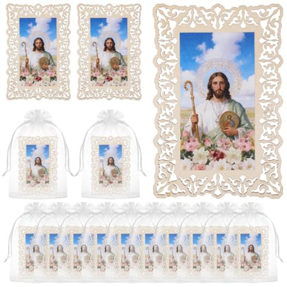 12 Sets Catholic Saint Joseph Picture Frames with Gift Bags, Baptism Favors for Guests, Openwork Carving Prayer Wooden Tablets, First Communion Favors Catholic Gifts Bulk, Recuerdos de Bautizo