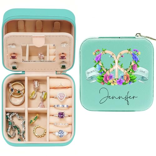 Personalized Travel Jewelry Box with Peace and Love, Custom Jewelry Organizer with Name for Women, Teens - color: Peace and Love - Turquoise