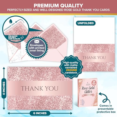 Decorably 24 Pack Glittery 6x4in Pink Rose Gold Thank You Cards - style: Rose Gold