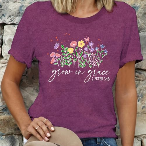 LBP Womens Christian Wildflowers Shirts Grow in Grace Shirt Bible Verse Faith-Based Tee Tops - color: Darkred, size: Medium