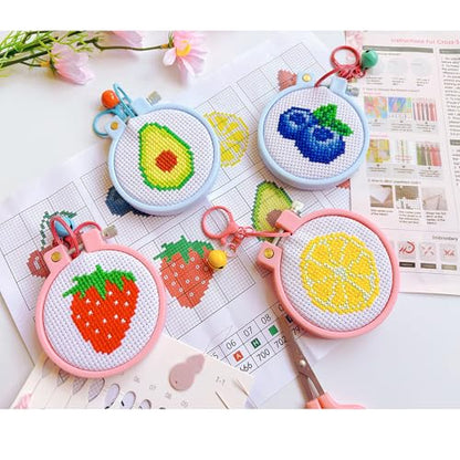 VIGEGU 8 Pack Fruit Stamped Cross Stitch Kits for Kids Beginners with Frame - color: Fruit