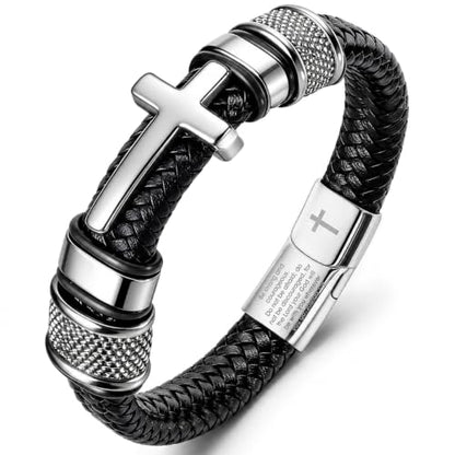 Mens Christian Bracelet, Cross Bracelet for Men, Gifts for Husband Dad Boyfriend Son, Engraved Bible Verse Jewelry, Stainless Steel Silver Cross, Black Braided Leather Bracelets