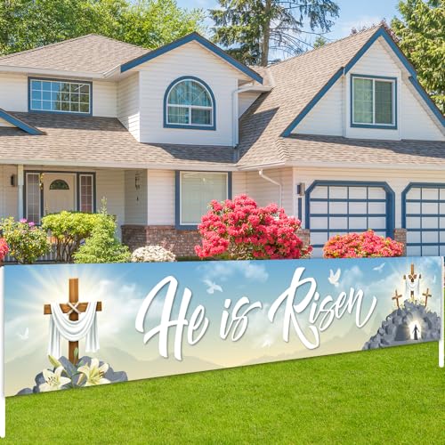 He is Risen Banner Religious Happy Easter Banner Decorations Jesus Resurrection Cross Lilies Yard Sign Banner Easter Party Supplies for Spring Easter Christian Easter Decorations（Banner）